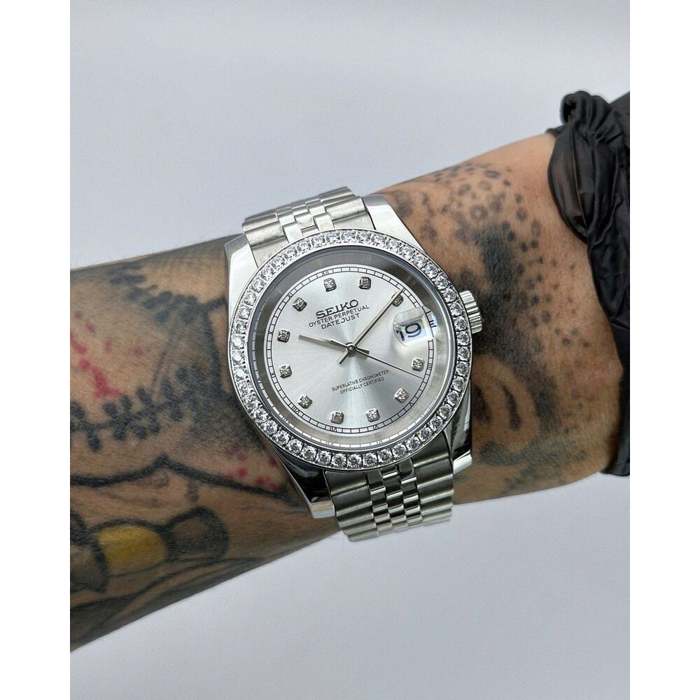 Custom Seiko Mod • Silver Double Diamond DateJust w/ Double Endlink Jubilee • 39mm